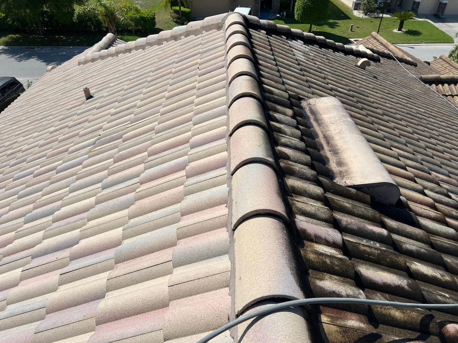 The same tile roof showing the soft-washed half next to the half still covered in algae